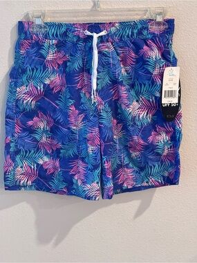 Boys Sol Swim Tropical Swim Trunks, Blue with Pink & Teal Accents, 8 Husky, NWT